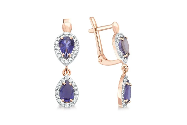 Серьги из красного золота с 4 иолитами и 64 фианитами