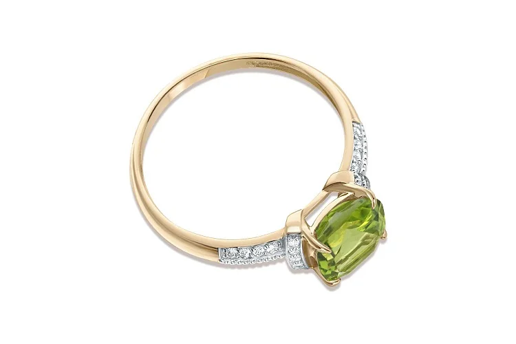 Кольцо из жёлтого золота с хризолитом и 26 фианитами