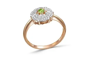 Кольцо Цветок из красного золота с хризолитом и 24 фианитами