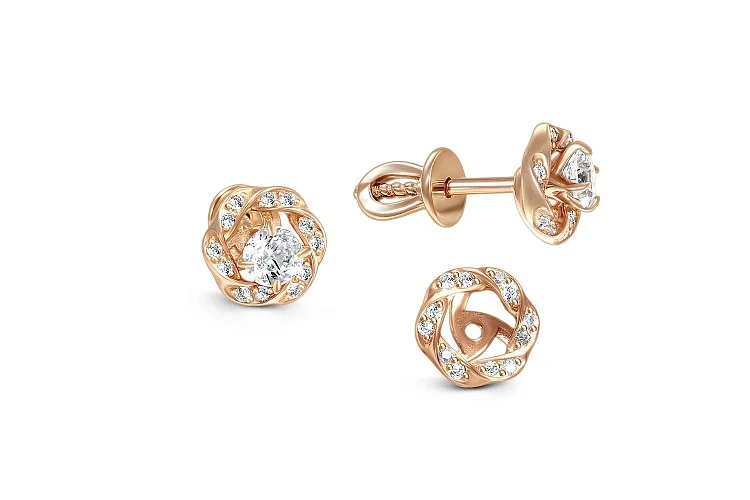 Серьги-пусеты из красного золота с 26 фианитами