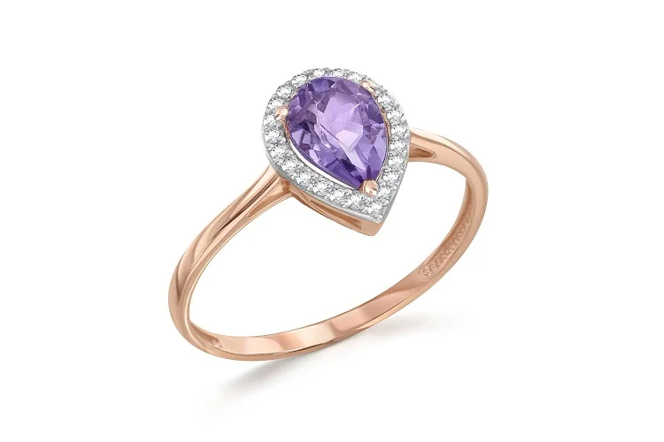 Кольцо из красного золота с аметистом и 23 фианитами