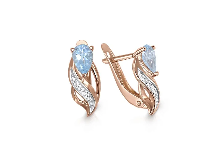Серьги из красного золота с 2 топазами sky и 10 фианитами