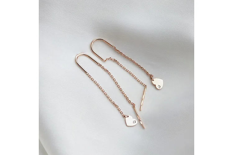 Серьги-продёвки Сердца из красного золота с 2 фианитами