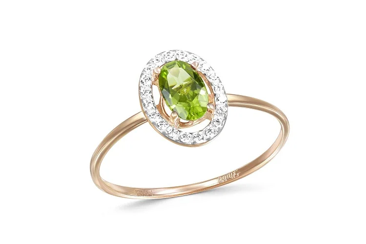 Кольцо из красного золота с хризолитом и 20 фианитами