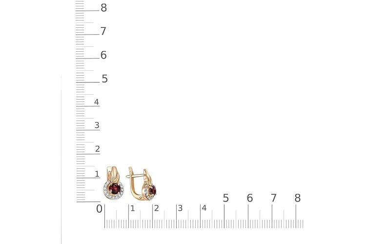Серьги из красного золота с 2 гранатами и 26 фианитами