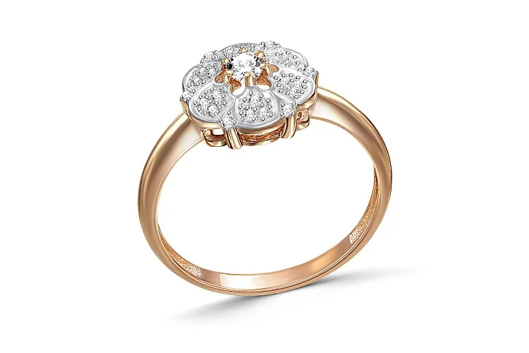 Кольцо Цветок из красного золота с 25 фианитами