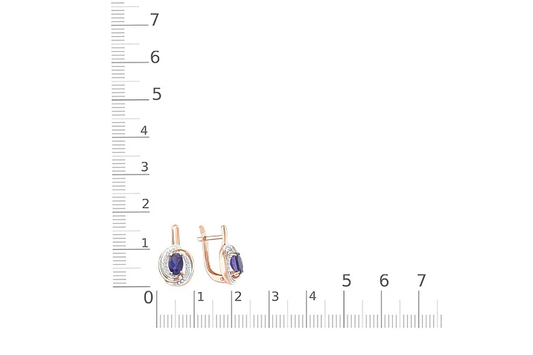 Серьги из красного золота с 2 иолитами и 24 фианитами