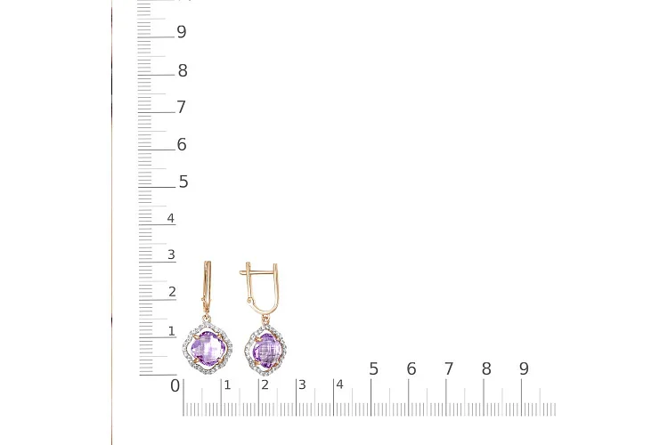 Серьги из красного золота с 2 аметистами и 56 фианитами