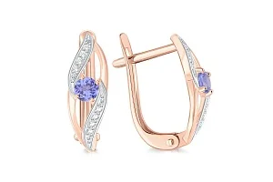 Серьги из красного золота с 2 танзанитами и 16 фианитами