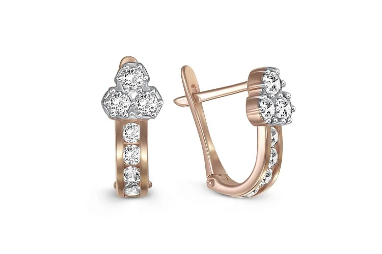 Детские серьги Цветы из красного золота с 16 фианитами