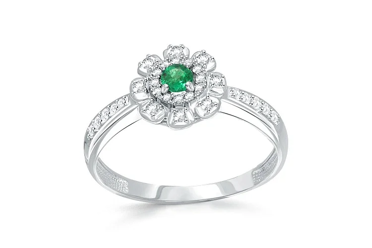 Кольцо Цветок из белого золота с изумрудом и 30 бриллиантами