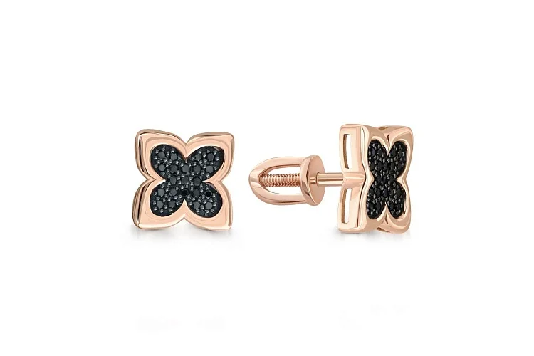 Серьги-пусеты Клевер из красного золота с 42 фианитами