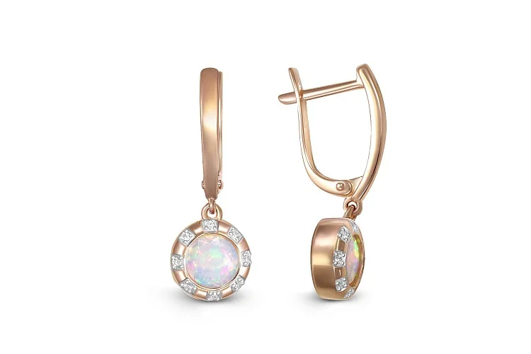 Серьги из красного золота с 2 опалами и 16 фианитами