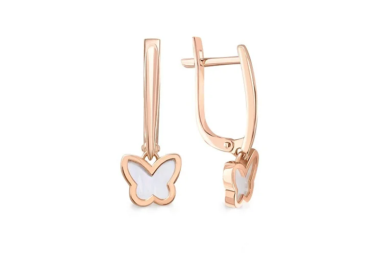 Серьги Бабочки из красного золота с перламутром