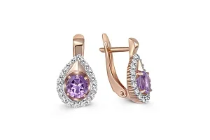 Серьги из красного золота с 2 аметистами и 38 фианитами