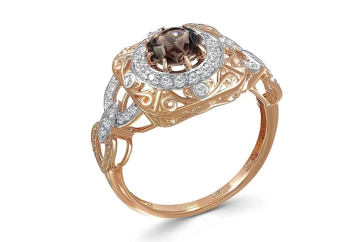 Кольцо из красного золота с раухтопазом и 39 фианитами