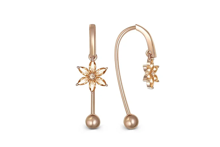 Серьги Цветы из красного золота с 12 цитринами