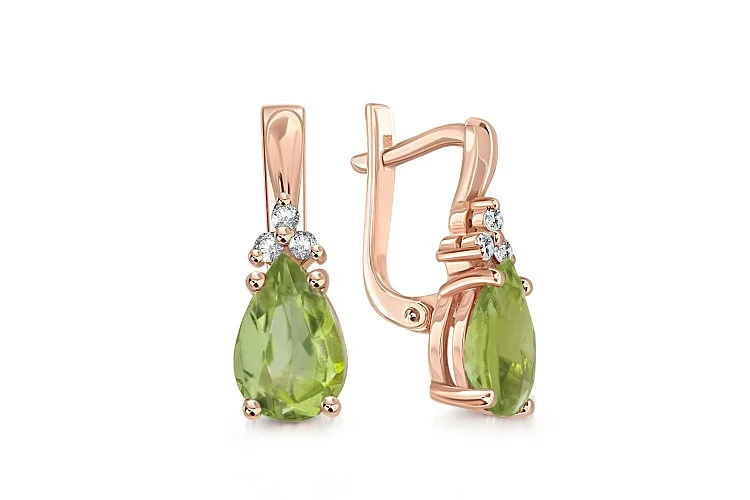 Серьги из красного золота с 2 хризолитами и 6 фианитами