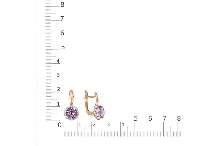 Серьги из красного золота с 2 аметистами и 36 фианитами