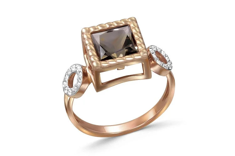 Кольцо из красного золота с раухтопазом и 20 фианитами