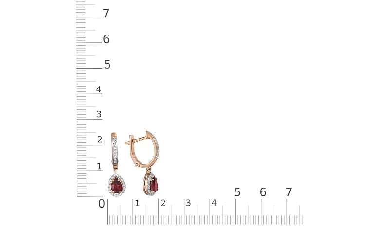 Серьги из красного золота с 2 гранатами и 54 фианитами