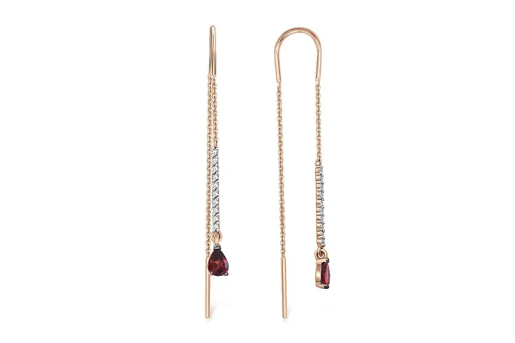 Серьги-продёвки Дорожки из красного золота с 2 гранатами и 20 фианитами