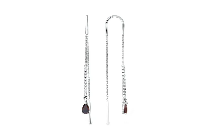 Серьги-продёвки Дорожки из белого золота с 2 гранатами и 20 фианитами