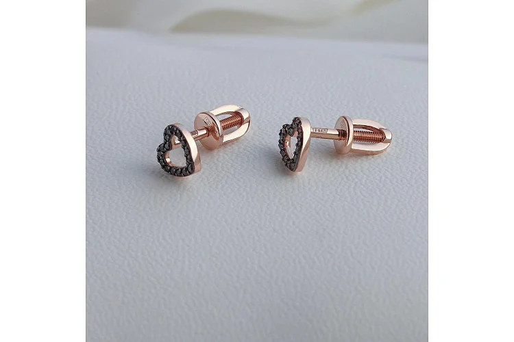 Серьги-пусеты Сердца из красного золота с 32 бриллиантами