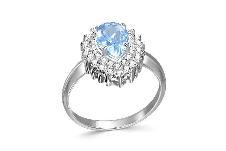 Кольцо из белого золота с топазом sky и 40 фианитами