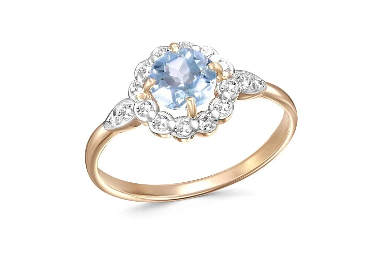Кольцо Цветок из красного золота с топазом sky и 16 фианитами