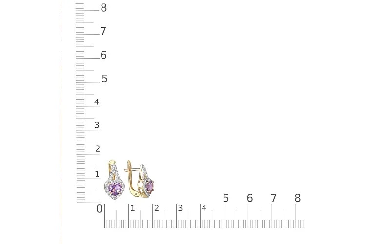 Серьги Сердца из жёлтого золота с 2 аметистами и 54 фианитами