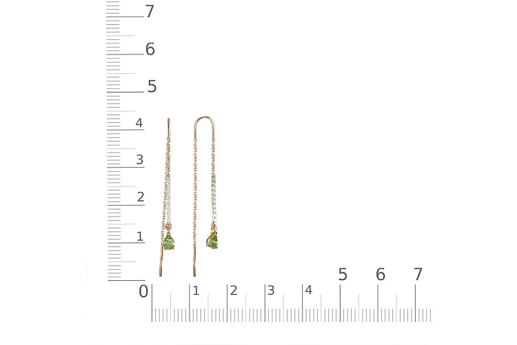 Серьги-продёвки Дорожки из красного золота с 2 хризолитами и 20 фианитами