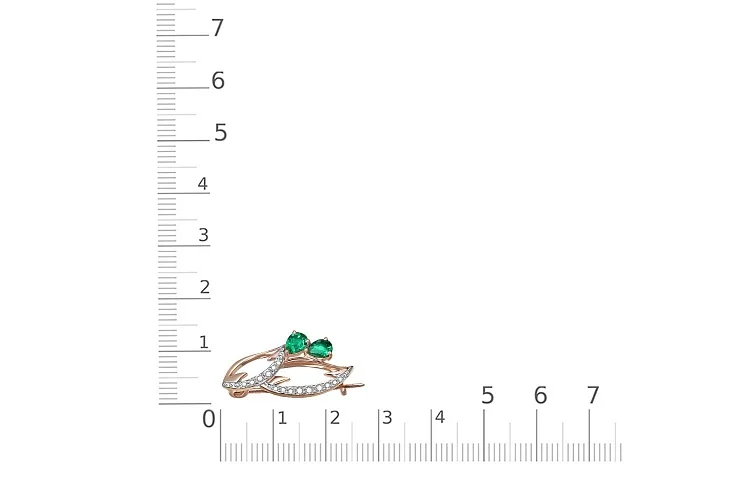 Брошь Цветок из красного золота с 2 изумрудами и 15 фианитами