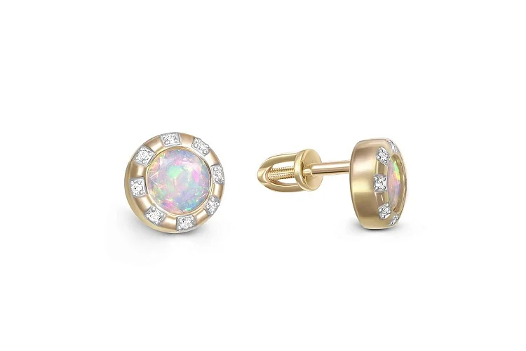 Серьги-пусеты из жёлтого золота с 2 опалами и 16 фианитами