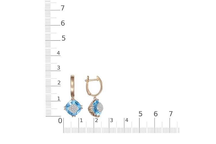 Серьги из красного золота с 2 топазами swiss и 28 фианитами