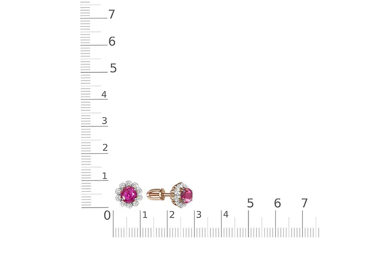 Серьги-пусеты Цветы из красного золота с 2 корундами и 20 бриллиантами