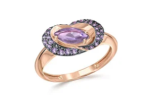 Кольцо из красного золота с аметистом и 34 фианитами