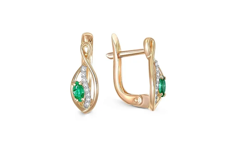 Серьги из красного золота с 2 изумрудами и 16 бриллиантами