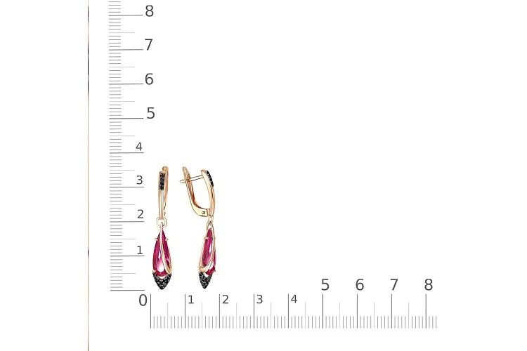 Серьги из красного золота с 2 корундами и 32 фианитами