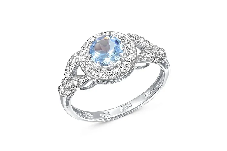 Кольцо из белого золота с топазом sky и 38 фианитами