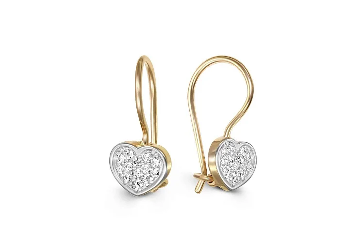 Детские серьги Сердца из жёлтого золота с 26 фианитами