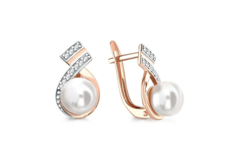 Серьги из красного золота с 2 жемчужинами и 20 бриллиантами