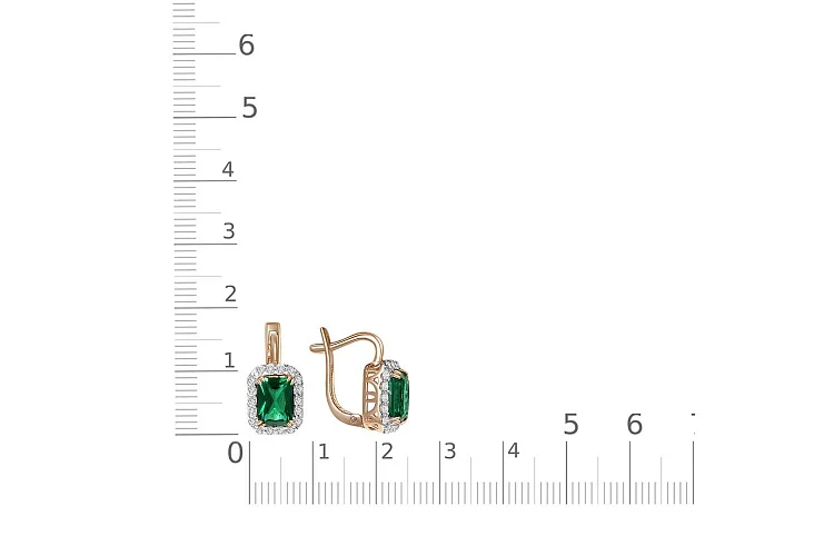 Серьги из красного золота с 2 изумрудами и 36 фианитами