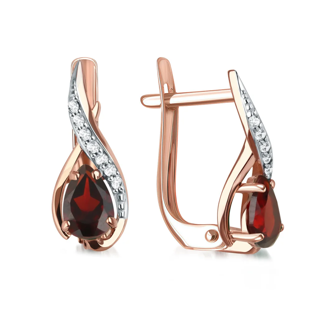 Серьги из красного золота с 2 гранатами и 14 фианитами