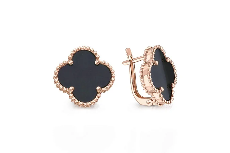 Серьги Клевер из красного золота с 2 ониксами