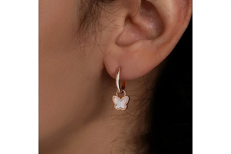 Серьги-трансформеры Бабочки из красного золота с перламутром