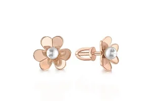 Серьги-пусеты Цветы из красного золота с 2 жемчужинами