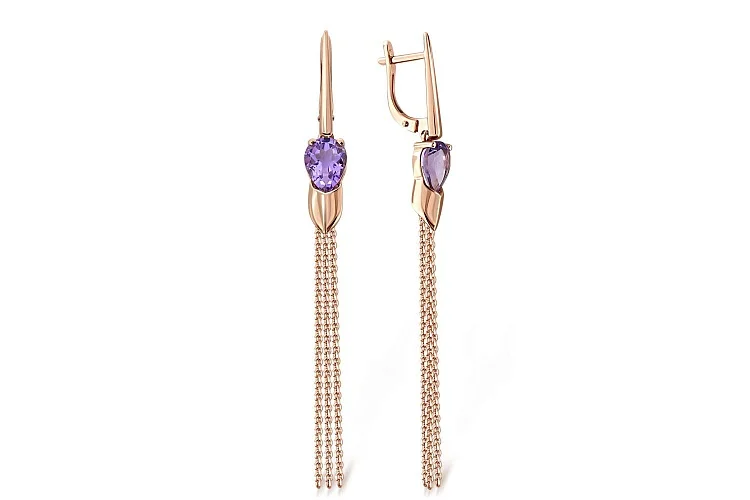 Серьги из красного золота с 2 аметистами