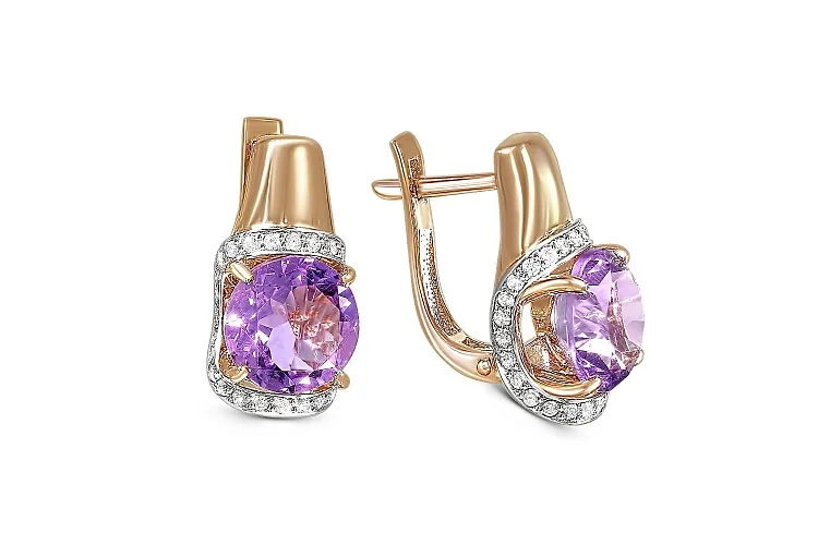 Серьги из красного золота с 2 кварцами и 56 фианитами