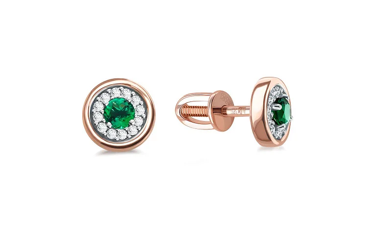 Серьги-пусеты из красного золота с 2 изумрудами и 24 бриллиантами